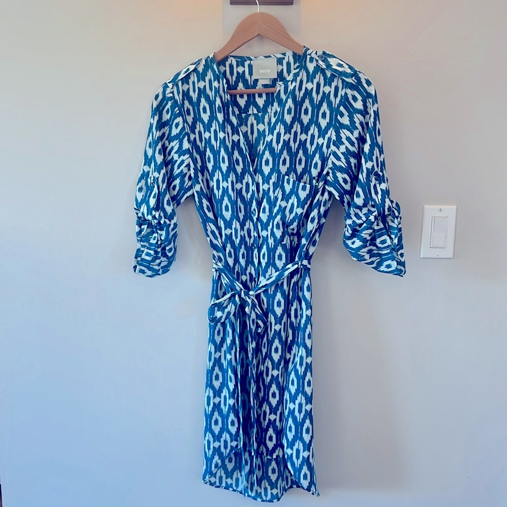 Maeve Anthropologie Blue White Shirt Dress Preppy Belted XSmall Used